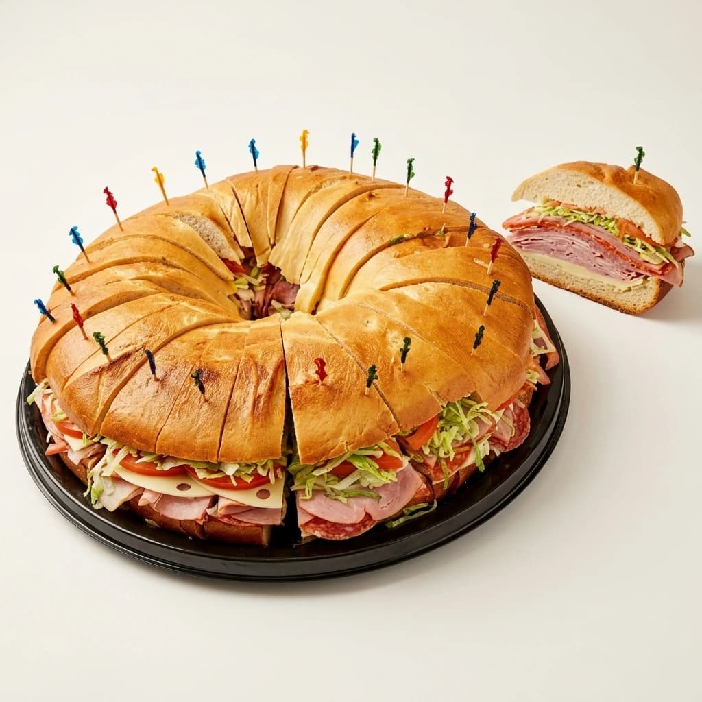 Giant Bagel Sub for catering, sliced into sections