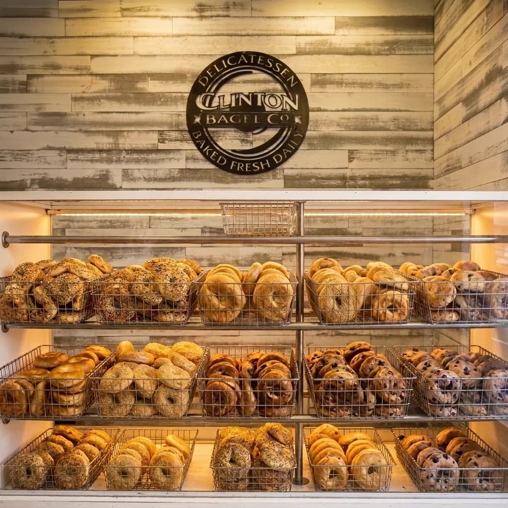Bagel display case at Clinton Bagel Company, stocked with fresh bagels beneath the shop's sign