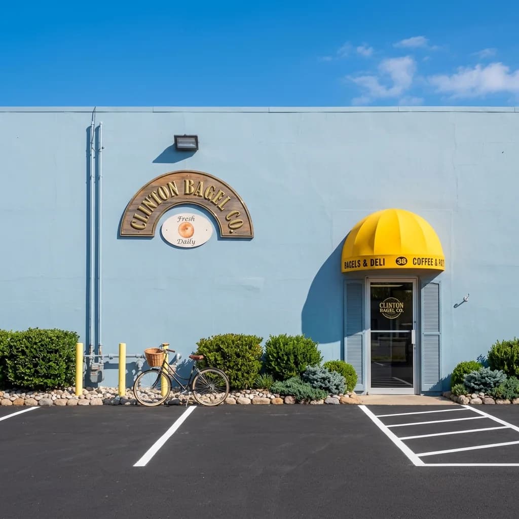 Clinton Bagel Company storefront at 38 Old Hwy 22 — look for the yellow awning